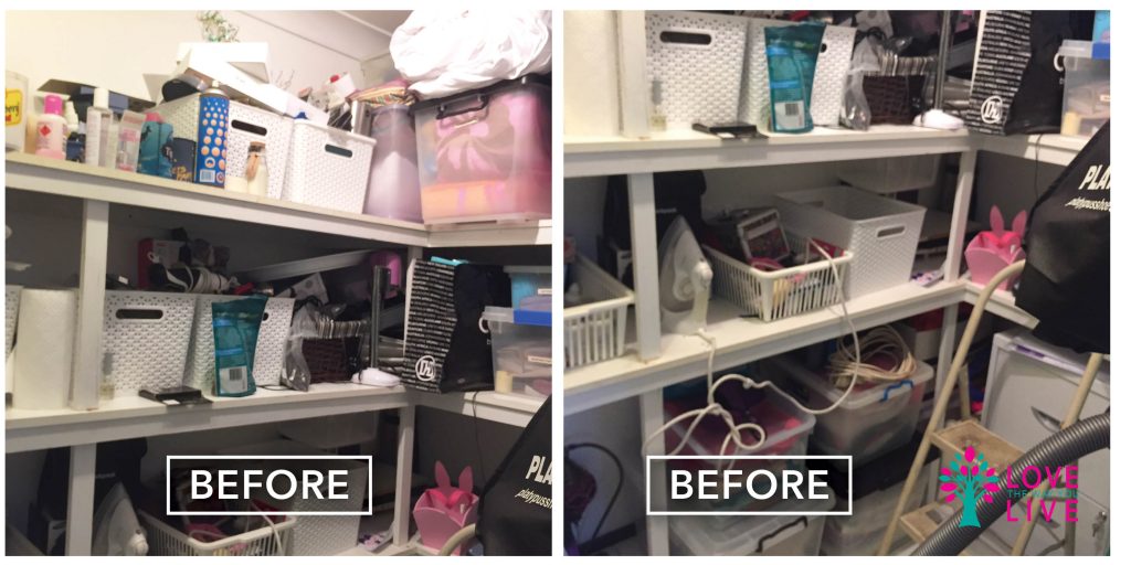 before and after declutter cupboard