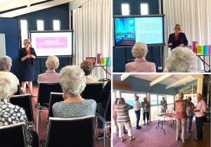 Various photos showing Jenny Vile presenting downsizing talks